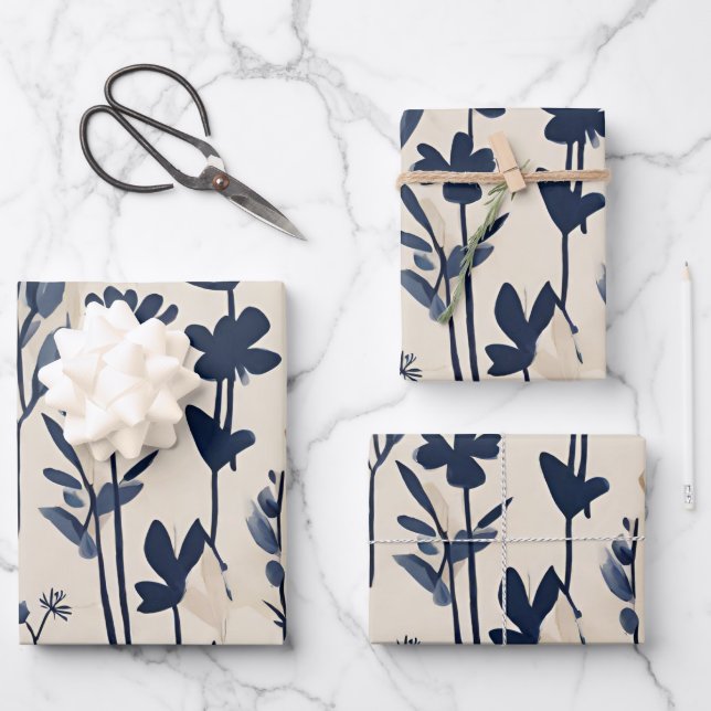 Feuille De Papier Cadeau Bleu bleu marine moderne Fleurs marguerites Super (Recto)