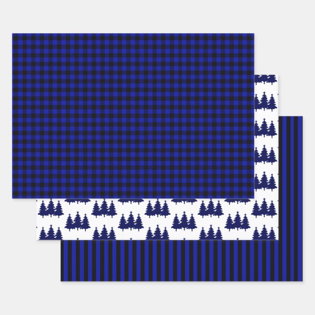 Feuille De Papier Cadeau Bleu Buffalo Check Pine Trees Stripes Noël (Lot)