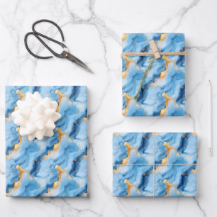 Feuille De Papier Cadeau Bleu ciel et marbre doré