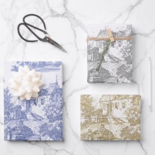 Feuille De Papier Cadeau Bleu classique Beige Vintage Toile Château