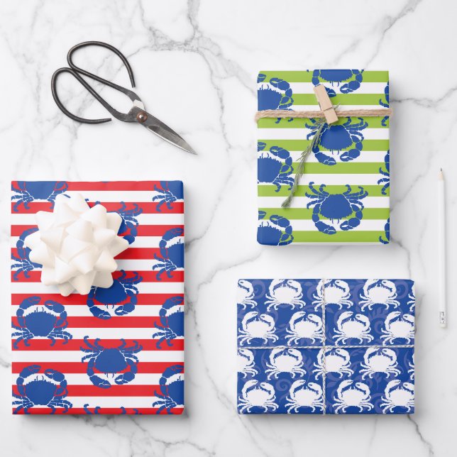 Feuille De Papier Cadeau Bleu crabes rayures (Recto)