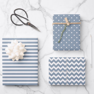 Feuille De Papier Cadeau Bleu Dusté & Blancs Polka Dot Chevron