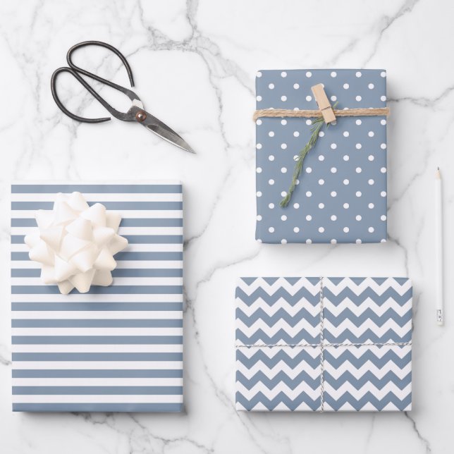 Feuille De Papier Cadeau Bleu Dusté & Blancs Polka Dot Chevron (Recto)