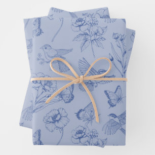 Feuille De Papier Cadeau Bleu Dusty Hummingbird & Butterfly Floral Wrapper