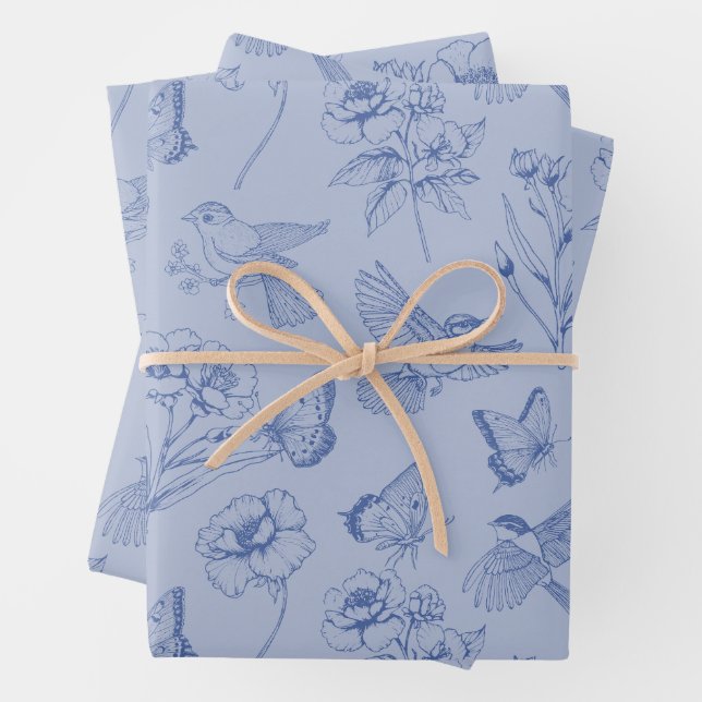Feuille De Papier Cadeau Bleu Dusty Hummingbird & Butterfly Floral Wrapper (En situation)