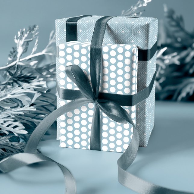 Feuille De Papier Cadeau Bleu Dusty moderne géométrique, Pointe Polka & Arb (Modern Dusty Blue Geometrical, Polka Dot & Trees Wrapping Paper Sheets)