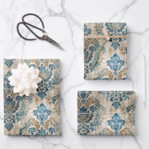 Feuille De Papier Cadeau Bleu élégant vintage bleu beige