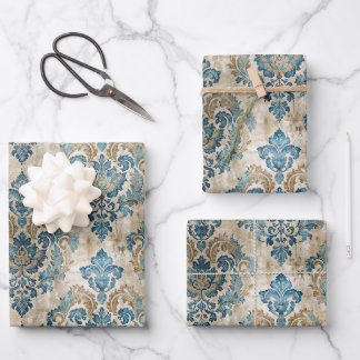 Feuille De Papier Cadeau Bleu élégant vintage bleu beige