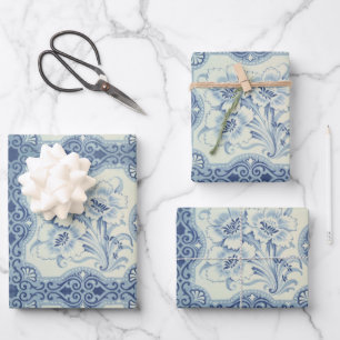 Feuille De Papier Cadeau Bleu et blanc Floral Victorian Majolica Antique