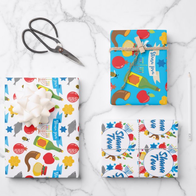 Feuille De Papier Cadeau Bleu et blanc Shana Tova (Recto)