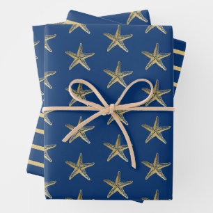 Feuille De Papier Cadeau Bleu et or Starfish Bande marine