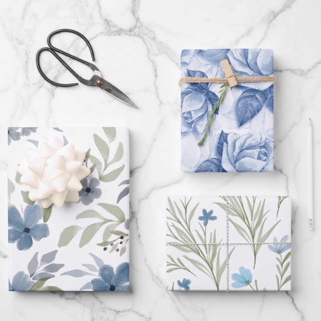 Feuille De Papier Cadeau Bleu Floral Beau Jardin Fleur (Recto)