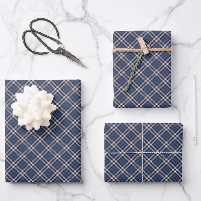 Feuille De Papier Cadeau Bleu foncé & Pastel Gris Plaid Tartan Motif (Recto)