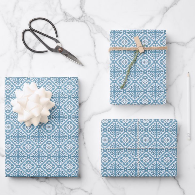 Feuille De Papier Cadeau Bleu marocain Motif carrelage méditerranéen (Recto)