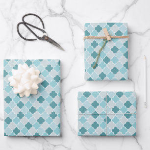 Feuille De Papier Cadeau Bleu Marocain Trellis, Lattes, Quatrefoil
