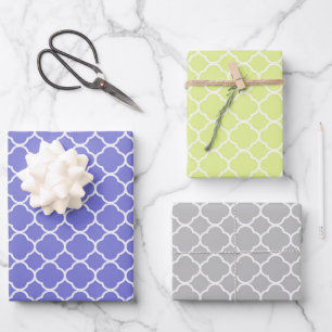 Feuille De Papier Cadeau Bleu moderne, Vert citron, Gris Quatrefoil géométr