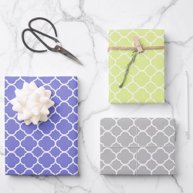 Feuille De Papier Cadeau Bleu moderne, Vert citron, Gris Quatrefoil géométr (Recto)