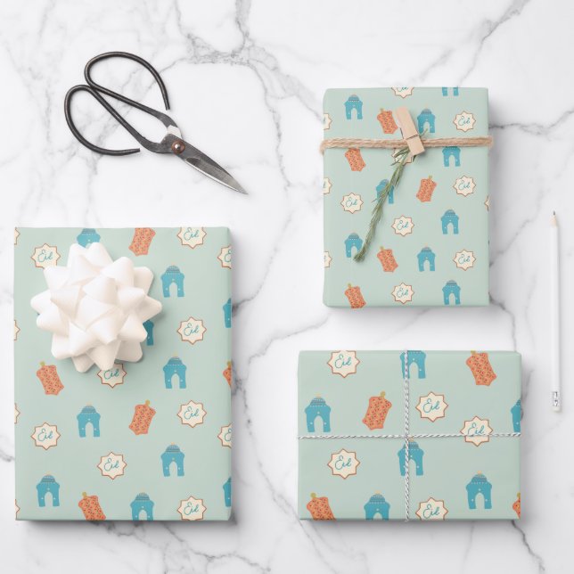 Feuille De Papier Cadeau Bleu mou / Vert Ramadan Aïd (Recto)