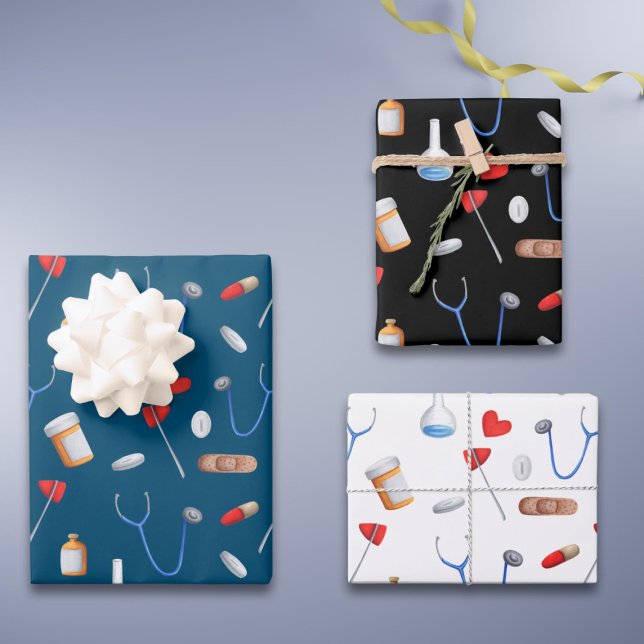 Feuille De Papier Cadeau Bleu noir blanc médecin infirmière équipement cade (Créateur téléchargé)