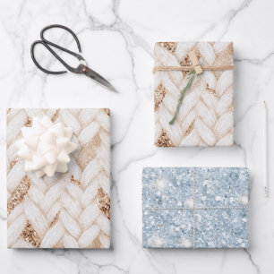 Feuille De Papier Cadeau Bleu Or Pailleté Blanc Tissu Faux Tissé Anniversai