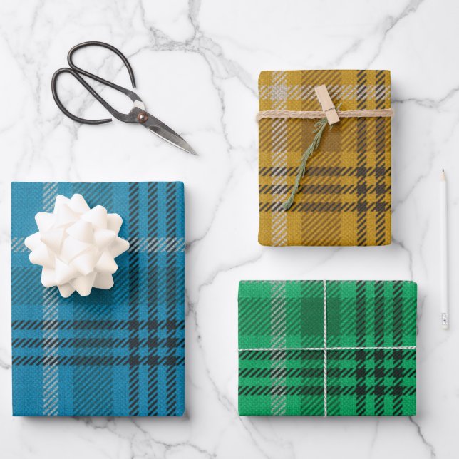 Feuille De Papier Cadeau Bleu, Or, Vert Plaid (Recto)