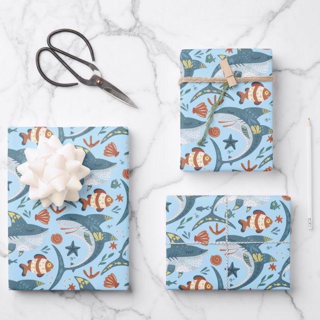 Feuille De Papier Cadeau Bleu requin Océan Poisson de mer Animal Anniversai (Recto)