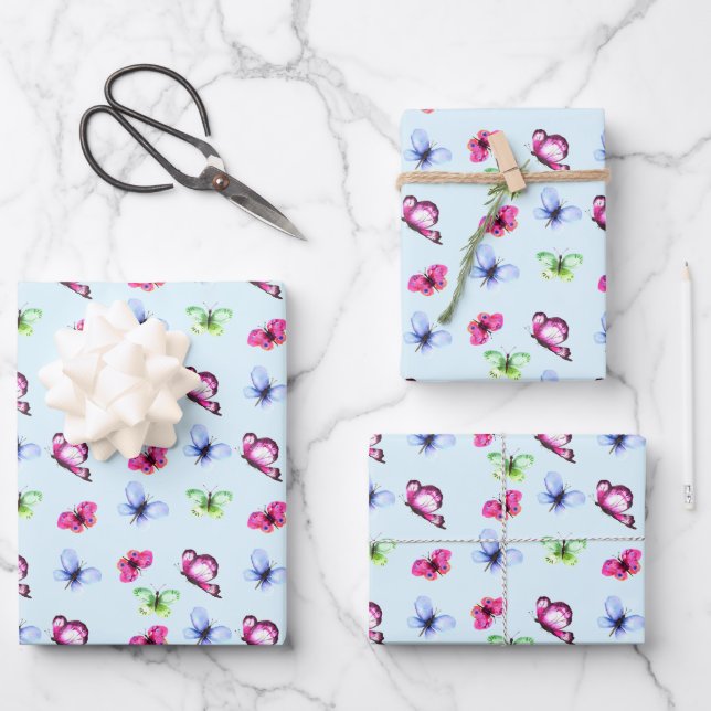 Feuille De Papier Cadeau Bleu rose Baby shower papillon vert Anniversaire (Recto)