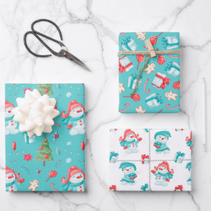 Feuille De Papier Cadeau Bleu rose drôle Snowmen Motif Enfants Noël