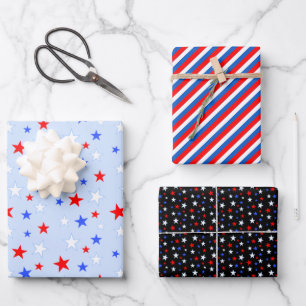 Feuille De Papier Cadeau Bleu Rouge Blanc Étoiles et Bandes