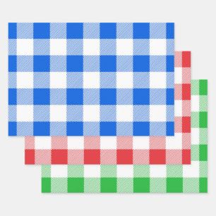 Feuille De Papier Cadeau Bleu rouge et vert / Bison blanc Plaid Motif