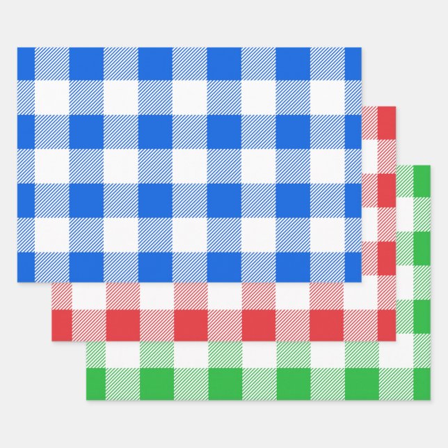 Feuille De Papier Cadeau Bleu rouge et vert / Bison blanc Plaid Motif (Lot)