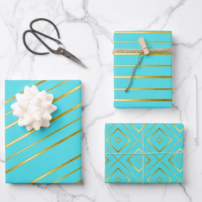 Feuille De Papier Cadeau Bleu Turquoise Élégant Gold Striped (Recto)