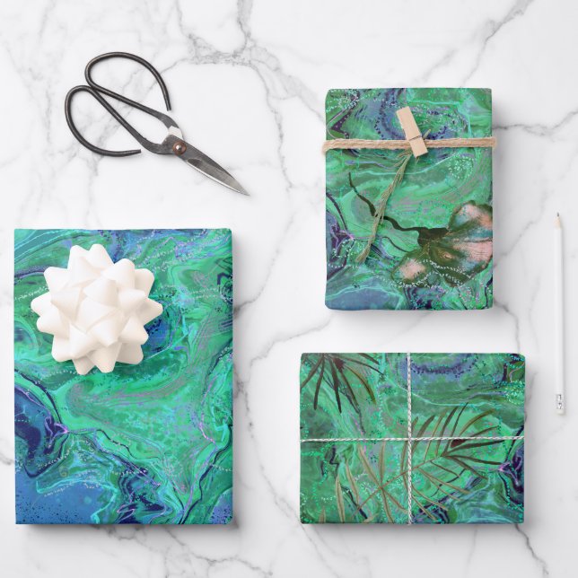 Feuille De Papier Cadeau Bleu Turquoise Vert Moderne Fluide Art (Recto)