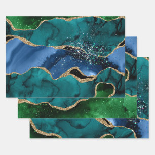 Feuille De Papier Cadeau Bleu, vert et Turquoise & Parties scintillant or P