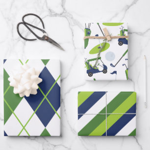 Feuille De Papier Cadeau Bleu & Vert Golf Jacquard Stripes Cadeaux Envelopp