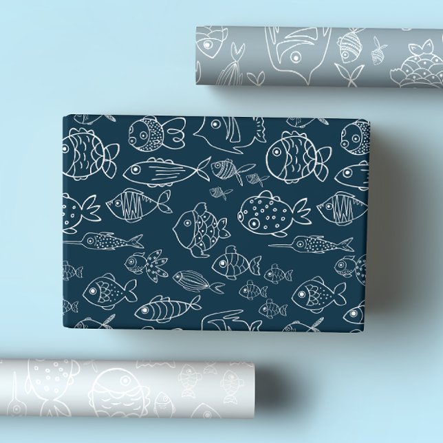 Feuille De Papier Cadeau Bleus côtier Cute Poisson Océan (Créateur téléchargé)