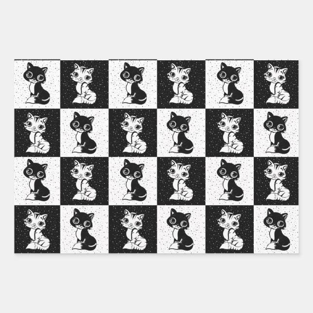Feuille De Papier Cadeau Bloc de monogramme noir blanc pour chat (Devant)