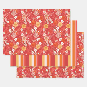 Feuille De Papier Cadeau Bloomscape rouge cerise en fleurs et rayures