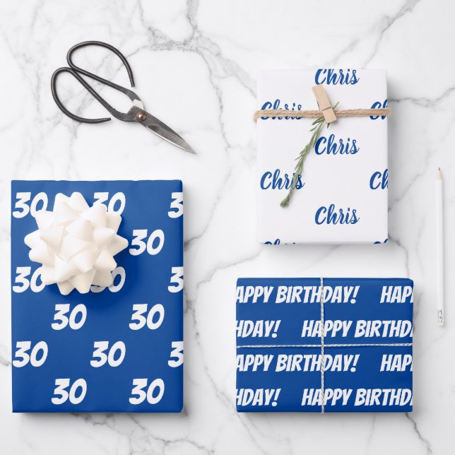 Feuille De Papier Cadeau Blue 30th Happy Birthday Nom personnalisé (Recto)