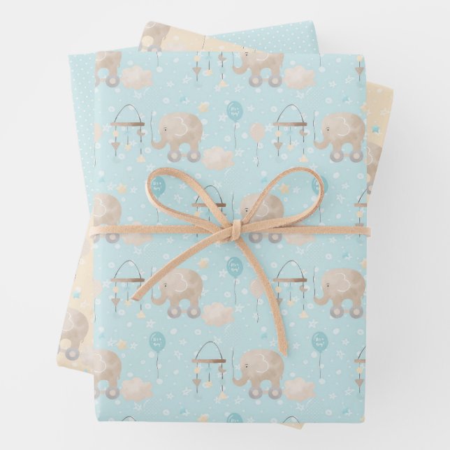 Feuille De Papier Cadeau Blue Baby Boy Elephant (En situation)