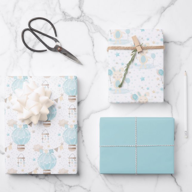 Feuille De Papier Cadeau Blue Baby Boy Hot Air Balloons et Rabbit (Recto)