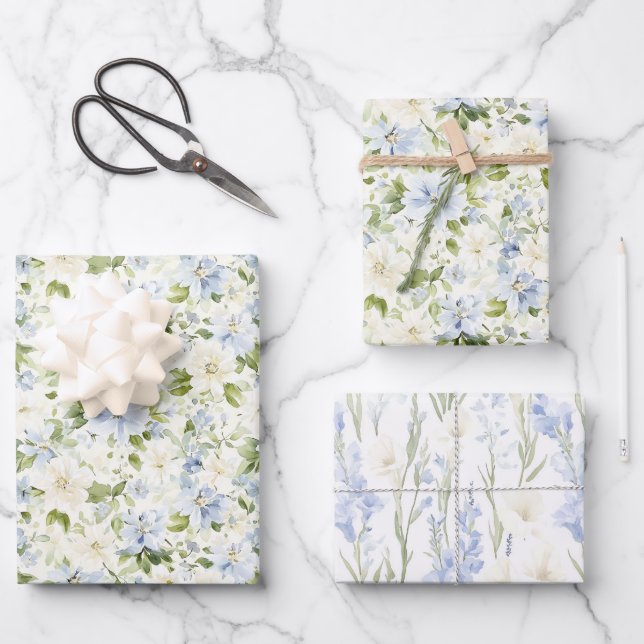 Feuille De Papier Cadeau Blue Cream Floral Wedding (Recto)