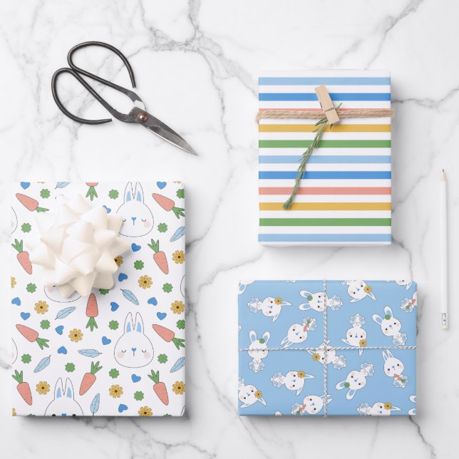 Feuille De Papier Cadeau Blue Cute Bunnies Stripes Baby shower garçon (Recto)