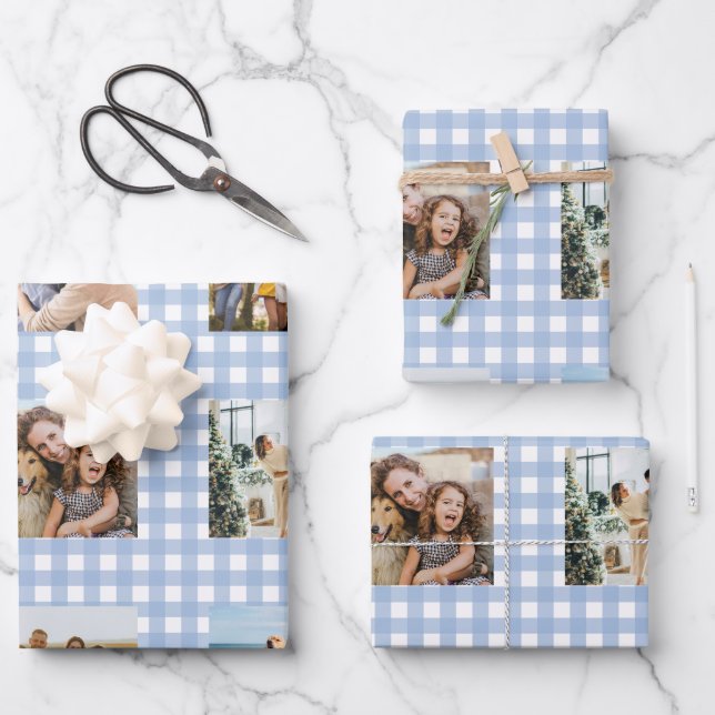 Feuille De Papier Cadeau Blue Gingham Photo Collage (Recto)