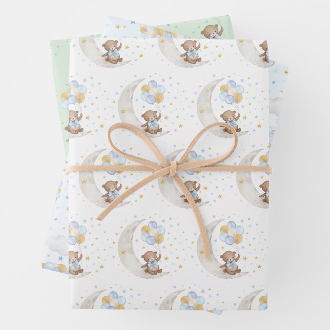 Feuille De Papier Cadeau Blue Gold Teddy Bear Balloons Moon Stars Party (En situation)