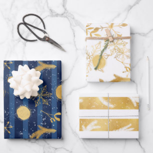 Feuille De Papier Cadeau Blue Gold White Noël Motif