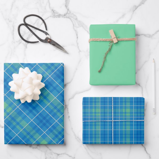 Feuille De Papier Cadeau Blue, Green & White Plaid (Recto)