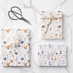 Feuille De Papier Cadeau Blue Grey Beige Fleurs sauvages Brown Boho Anniver