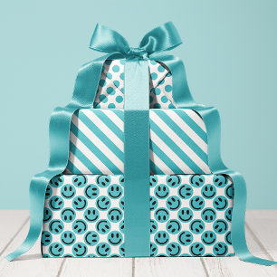 Feuille De Papier Cadeau Blue Happy Face Stripes et Polka Dot