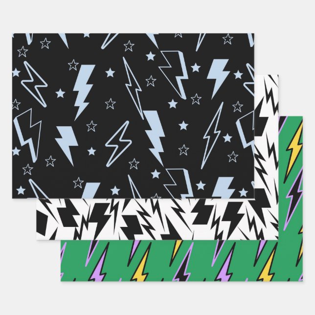 Feuille De Papier Cadeau Blue Lightning Black Arrière - plan Motif Y2K (Lot)